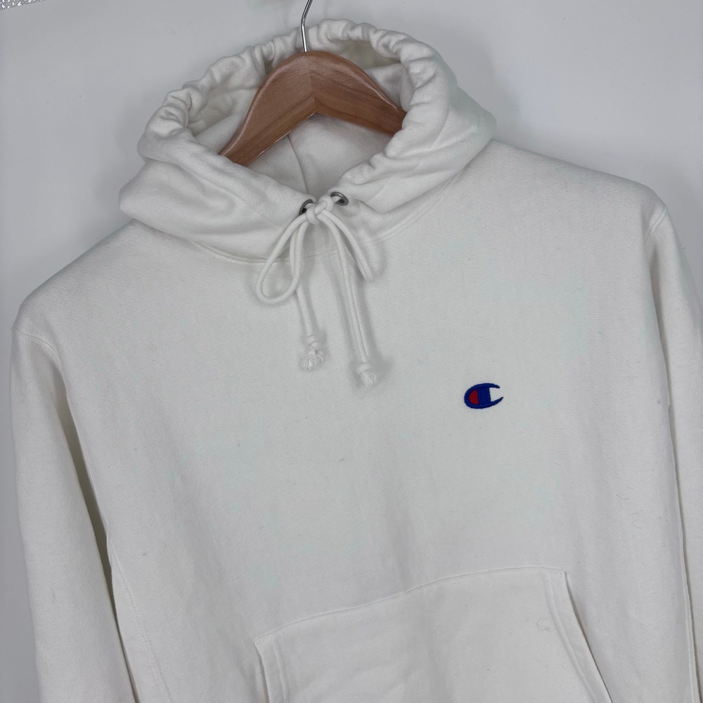 Champion Reverse Weave Hoodie Mens M White Embroidered Logo C Patch Pullover